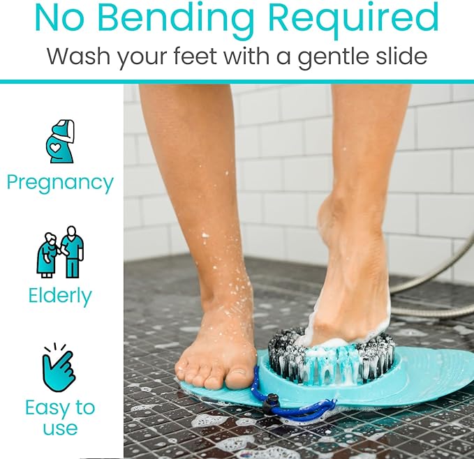 Vive Foot Scrubber for Use in The Shower - Feet Cleaner for Dead Skin with Pumice Stone - Massager and Brush Exfoliating - Callus Remover, Improve Circulation and Relieves Pain - Nonslip Suction Cups