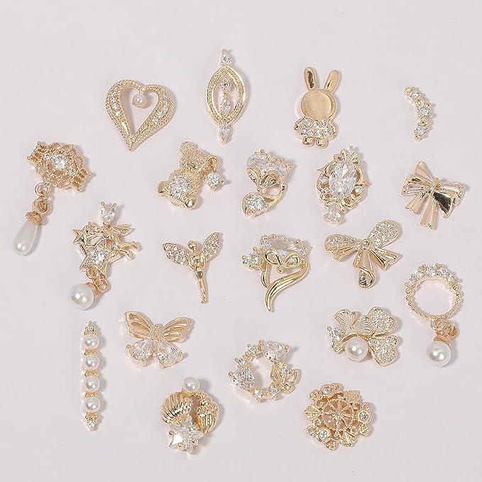 HNUIX Nail Charms and Gems - Gold Copper Zircon, Multiple Shapes 3D Dangle, Metal Jewelry Rhinestones for Nails (20pieces C Set)