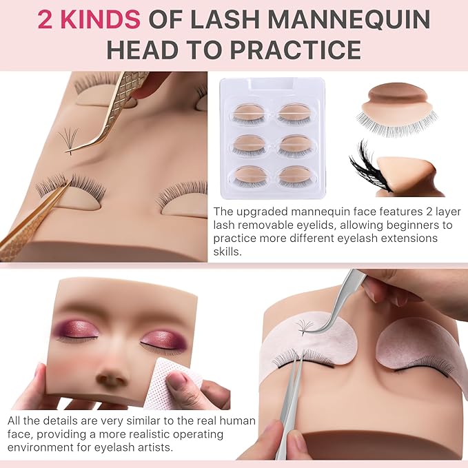 Pretty memory Eyelash Extension Kit for Beginners, 343 Pcs Lash Extension Kit with Everything Includes 2 Mannequin Heads Facial Mister Tweezers Glue USB Fan for Practice Training