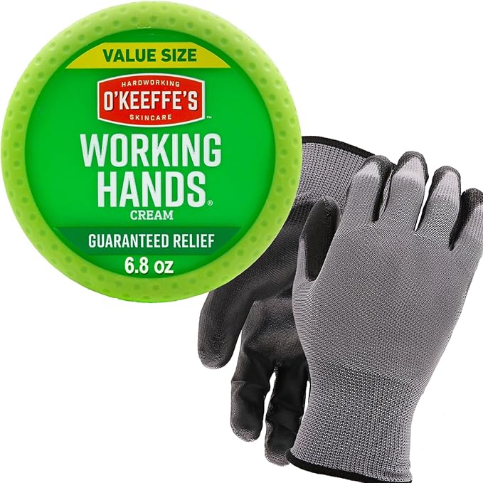 O'Keeffe's Working Hands Hand Cream 6.8oz Bundle with Polyurethane Work Gloves - Intense Moisturizing for Dry, Cracked Hands with Protective Gloves for Gardening, DIY, and Food Industry Use