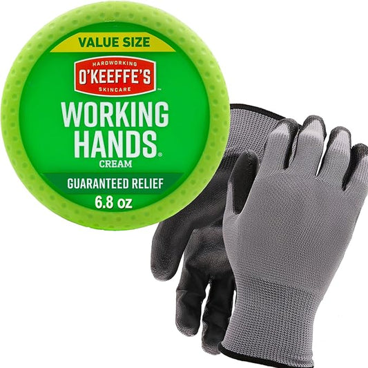 O'Keeffe's Working Hands Hand Cream 6.8oz Bundle with Polyurethane Work Gloves - Intense Moisturizing for Dry, Cracked Hands with Protective Gloves for Gardening, DIY, and Food Industry Use