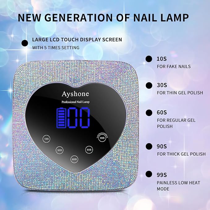 Cordless UV LED Nail Lamp,72W Rechargeable Nail Dryer Gel Polish Light with Large LCD Display,Rechargeable Nail Curing Lamp for Salon & Home (AB Diamond)