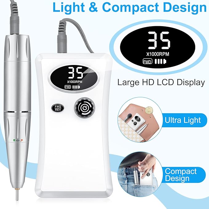 35000RPM Professional Nail Drill Machine, Portable Rechargeable File Machine Set for Acrylic Gel Nails, Manicure Pedicure Tools for Home and Salon Use