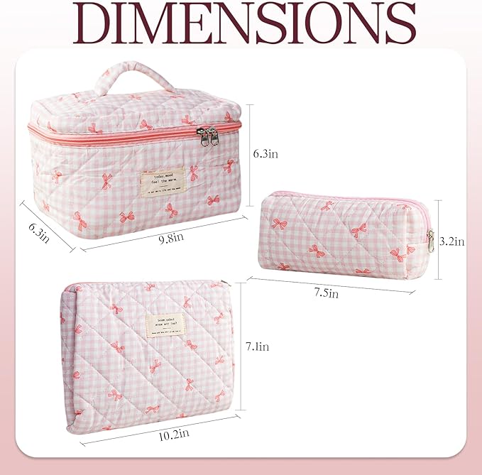 Makeup Bag, 3 PCS Quilted Makeup Bag, Cute Floral Cotton Cosmetic Bag set, Coquette Makeup Pouch Large Travel Toiletry Bag