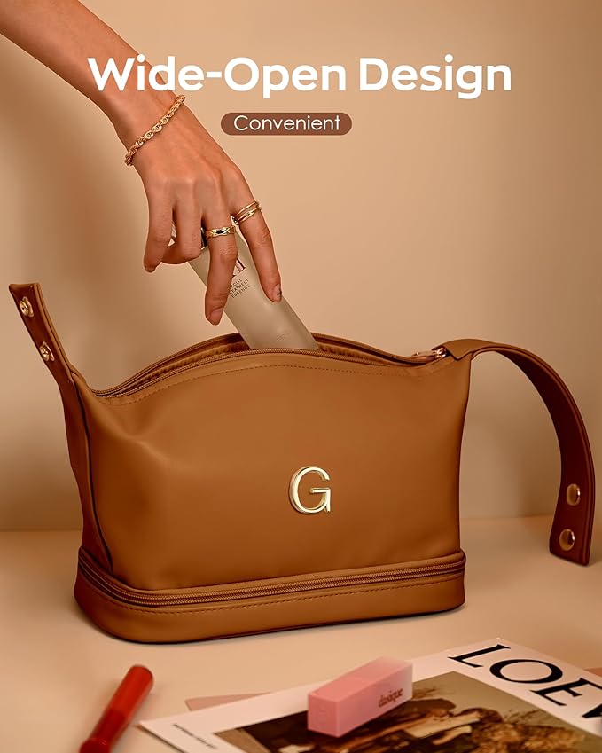 Personalized Gifts for Women Unique, Makeup Bag with Handle, Initial Double Layer Cosmetic Bag with Makeup Brush Organizer, Cute Cosmetic Pouch for Women, Gifts for Friends Female Mom