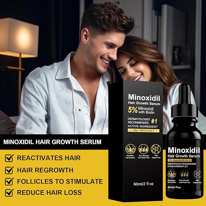 5% Minoxidil Hair Growth Serum, Topical Minoxidil for Men and Women, Hair Regrowth Treatment for Scalp Hair Loss and Thinning, With Biotin