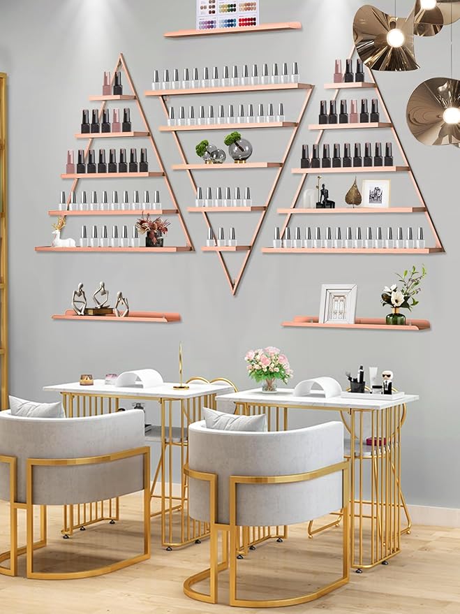 EBANKU Metal Wall-mounted Nail Polish Storage Racks 5 Tiers Triangular Display Rack Cosmetic Display Cases Lipstick Perfume Wall Shelf Essential Oil Organizers for Home Spa Nail Salon Shop (Rose Gold)