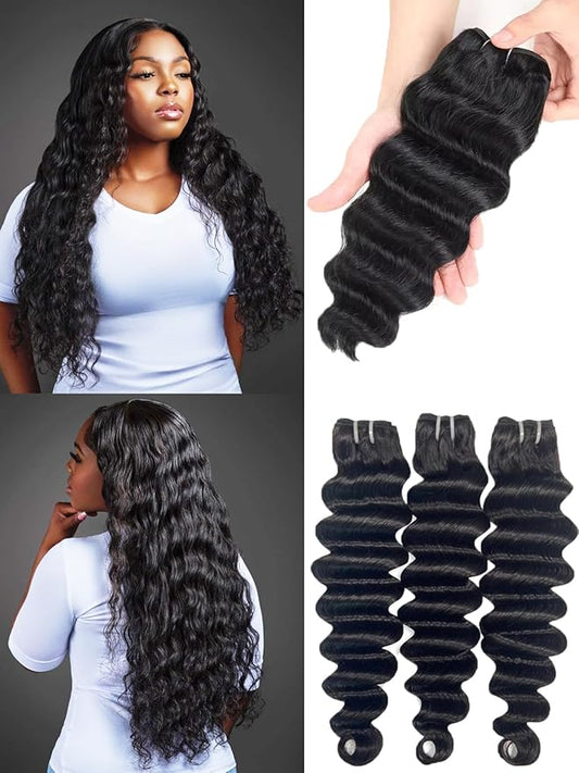 28 Inch 3 Bundles 12A Loose Deep Wave Brazilian Human Hair Bundles 100% Unprocessed Virgin Hair Sew In 3 Bundles Natural Black Color（28 28 28 Inch）