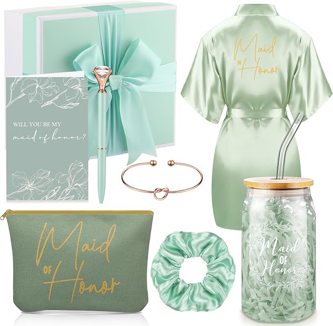 Irenare 8 Pcs Proposal Gifts Set Robes Makeup Bag Cup Cards Hair Tie Bracelet Diamond Pen Bridesmaid Gift Box (Light Green,Maid of Honor)