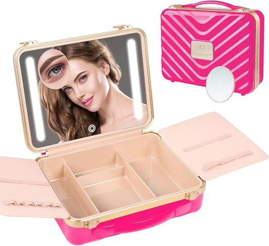 Kalolary Travel Makeup Train Cases with Lighted Mirror 3 Color Setting, Makeup Bag Cosmetic Case Organizer Adjustable Brightness Portable Makeup Storage Box with Detachable 5X Magnifying Mirror, Pink