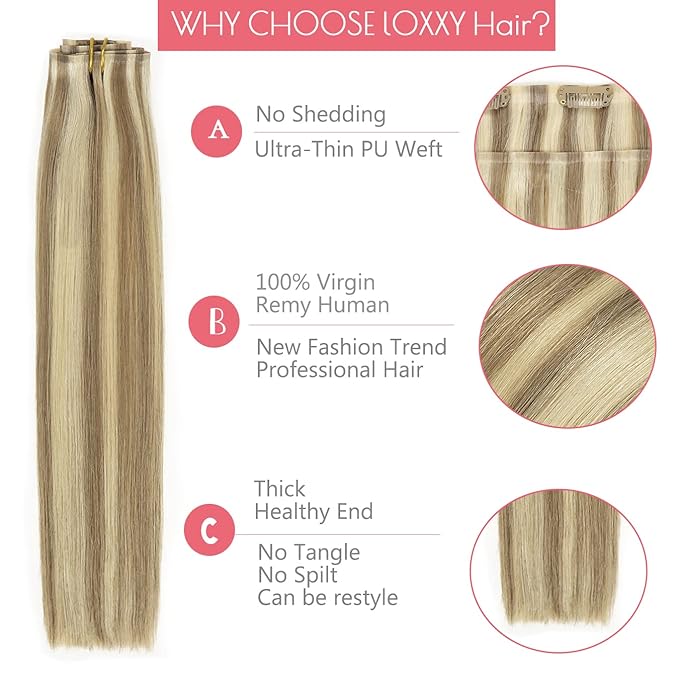 Loxxy Seamless Human Hair Clip in Extensions 22Inch Piano Light Ash Brown Mixed With Platinum Blonde Clip in Hiar Extensions Real Human Hair With PU Weft Silky Straight Seamless Clip ins 110g 7pcs