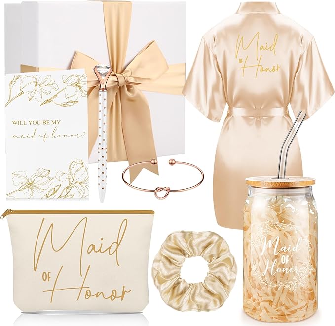 Irenare 8 Pcs Proposal Gifts Set Robes Makeup Bag Cup Cards Hair Tie Bracelet Diamond Pen Bridesmaid Gift Box(Champagne,Maid of Honor)