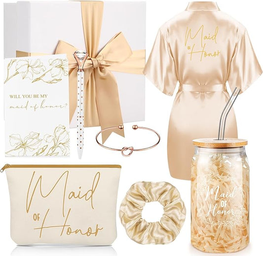 Irenare 8 Pcs Proposal Gifts Set Robes Makeup Bag Cup Cards Hair Tie Bracelet Diamond Pen Bridesmaid Gift Box(Champagne,Maid of Honor)