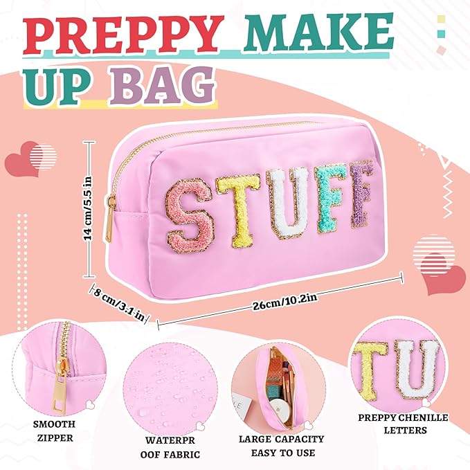 2 Pcs Preppy Chenille Letter Duffle Bag and Makeup Pouch, Travel Tote Bag Cosmetic Zipper Patch Makeup Bag (Pink)