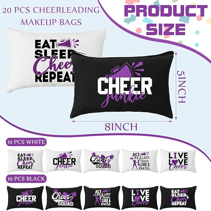 Pinkunn 20 Pcs Cheer Makeup Bags Bulk Cheerleader Gifts for Women Canvas Cheer Cosmetic Pouch Toiletry Zipper Makeup Case Cheerleading Portable Travel Pouch Team Accessories(Purple)