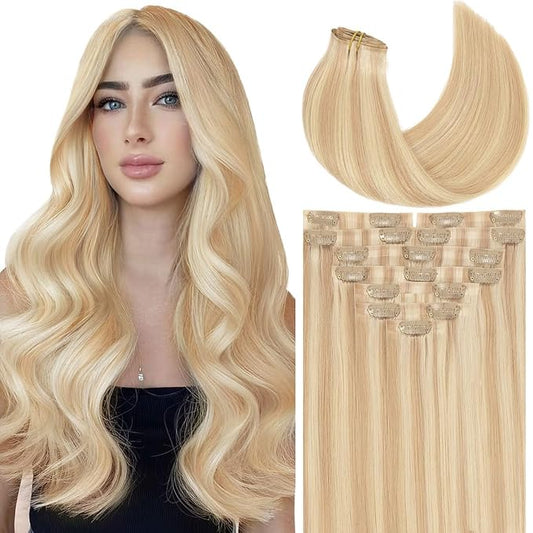 Loxxy Seamless Extensions Clip in Human Hair 20inch Hair Clip Extensions for Women Pu Weft Invisible Clip in Hair Extensions Human Hair Light Golden Brown Mixed Platinum Blonde P12/60A 150g 8pcs