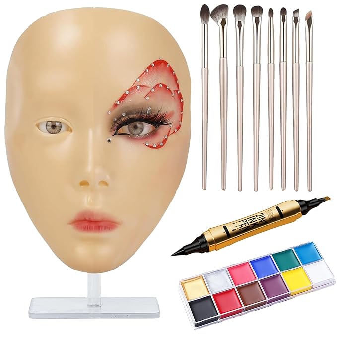 Yellow Silicone Makeup Practice Head - Set with Face Painting Mannequin, Brushes, Eyebrow Pen, Gift Accessories