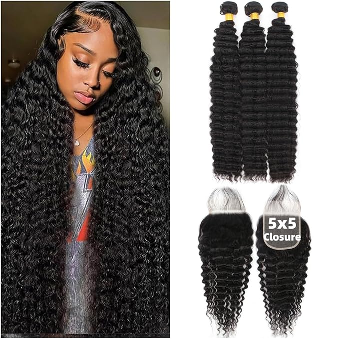 12A Human Hair 3 Bundles with 5×5 HD Lace Closure (22 24 26 +22) 100% Unprocessed Brazilian Virgin Remy Hair Deep Wave Human Hair Bundles with Closure Natural Color