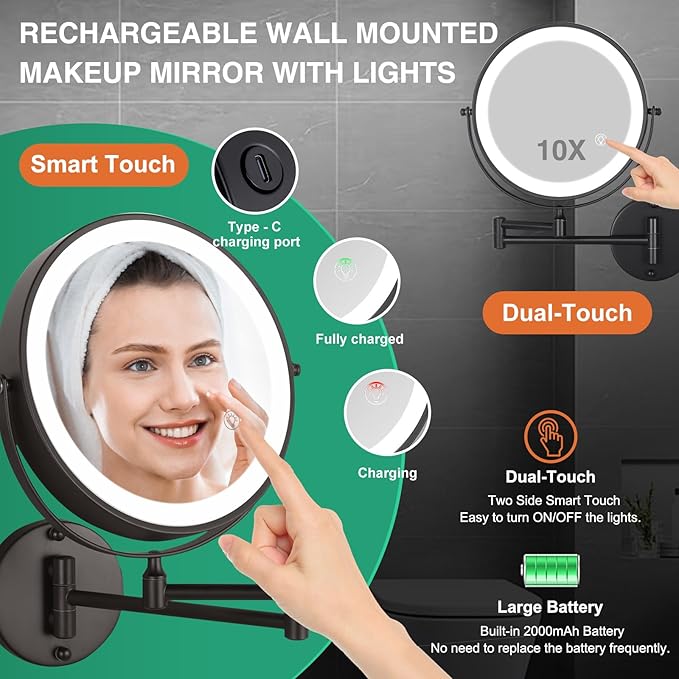 8.5'' Lighted Makeup Mirror with Magnification, Double Sided Dual Touch 1X/10X Magnifying Mirror with Lights 360°Swivel Bathroom Mirror with Extendable Arm