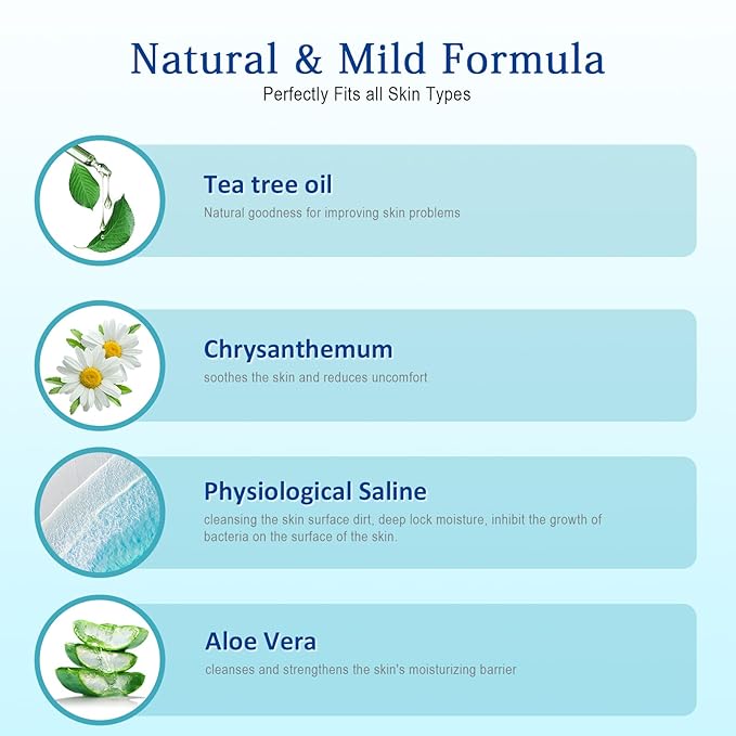 60PCS Tea Tree Oil Physiological Saline Eyelid Cleaning Wipes,For Dry Eyes,Daily Eye care for Removing Excess Oil and Debris from Eyelids & Lashes, Rinse Free Individually Wrapped Travel Eye Wipes