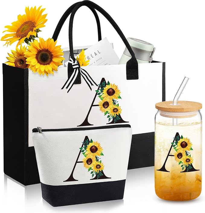 Personalized Canvas Tote Bag & Makeup Bag & Glass Cup - Monogrammed Sunflower Birthday Gifts for Mom, Sister, Best Friends - Initial Monogram Options
