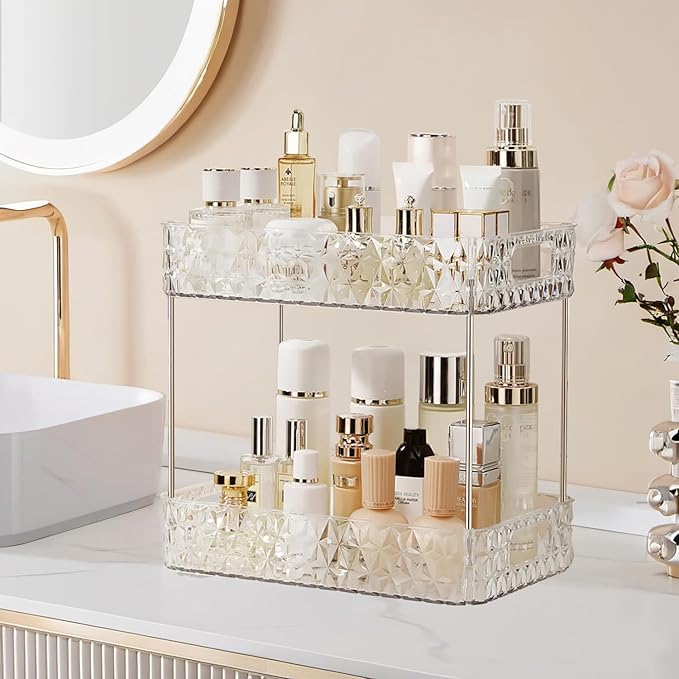 Makeup Organizer for Vanity, High-Capacity Clear Makeup Storage Perfume Organizers,Cosmetic Display Cases,Bathroom Countertop Organizer(Crystal Clear, 2Tier)