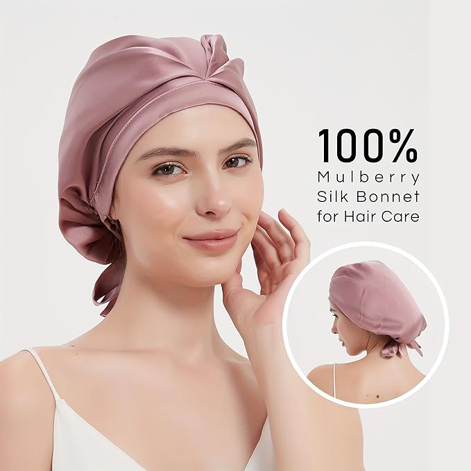 RachelSilk 100% Mulberry Silk Sleep Cap, Grade 6A 19 Momme Silk for Women Hair Care, Silk Night Bonnet with Elastic Stay On Head, Silk Cap after Shower, for Small -Medium Head Size (Rose)