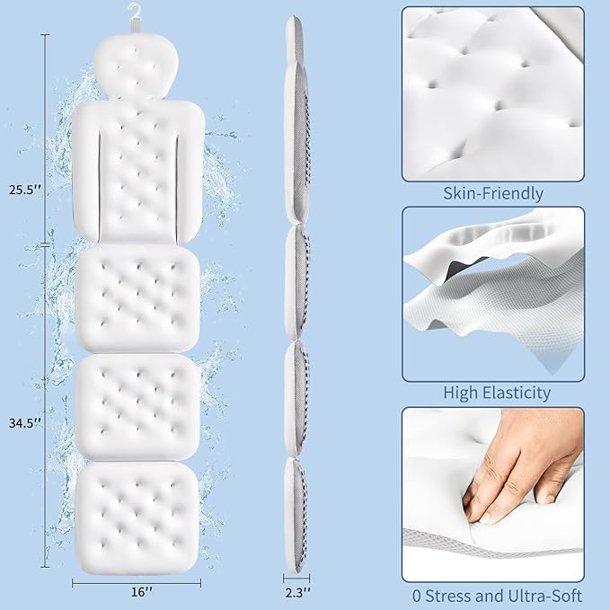 Luxury Bath Cushion, Full Body Bathtub Pillow with 230 Suction Cups, Bath Mat for Head and Neck Support, with Laundry Bag (White, 60.2" x 16.2")