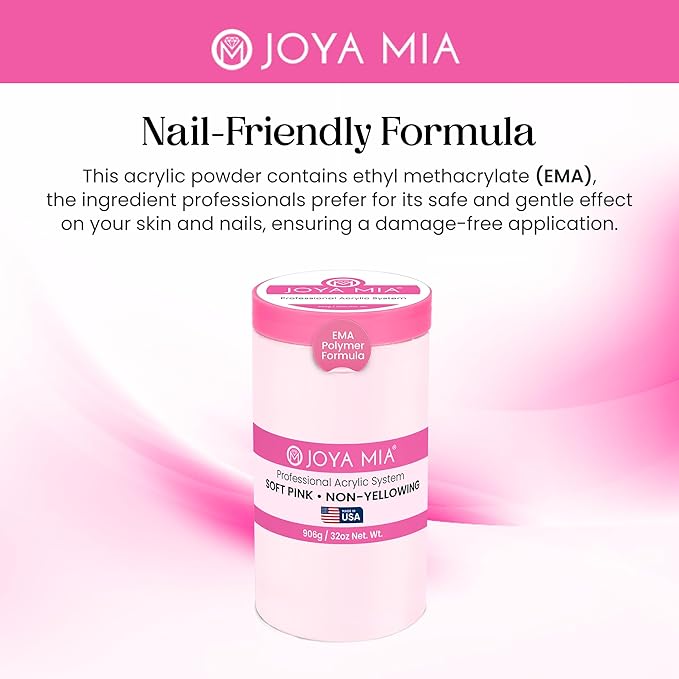 Joya Mia Acrylic Powder for Nails, MMA-Free, Super Adhesion Professional Powder for Flawless & Long-Lasting Nail Enhancements, Easy Application, Vibrant & Stunning Colors - Soft Pink, 32 oz