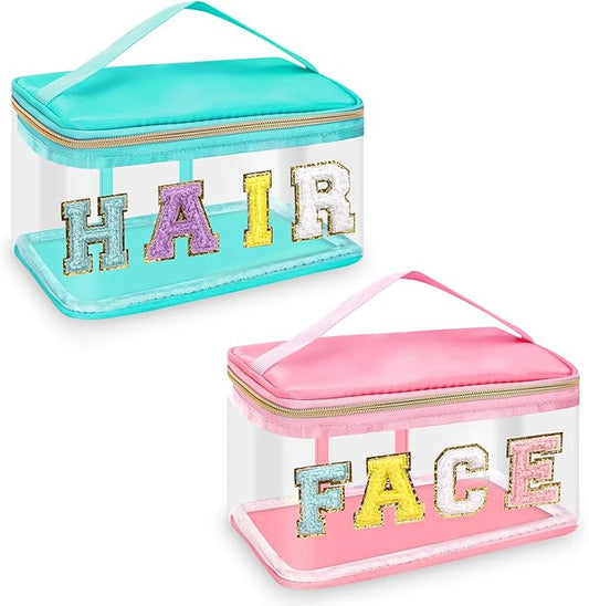 2 Pcs Chenille Letter Clear Makeup Bags FaceHair Pouch, Preppy Patch Travel Face Bag Zipper with Handle, Travel Hair Bags for Hair Stuff Waterproof Cosmetic Toiletry Storage for Women Girl(HAIR+FACE)