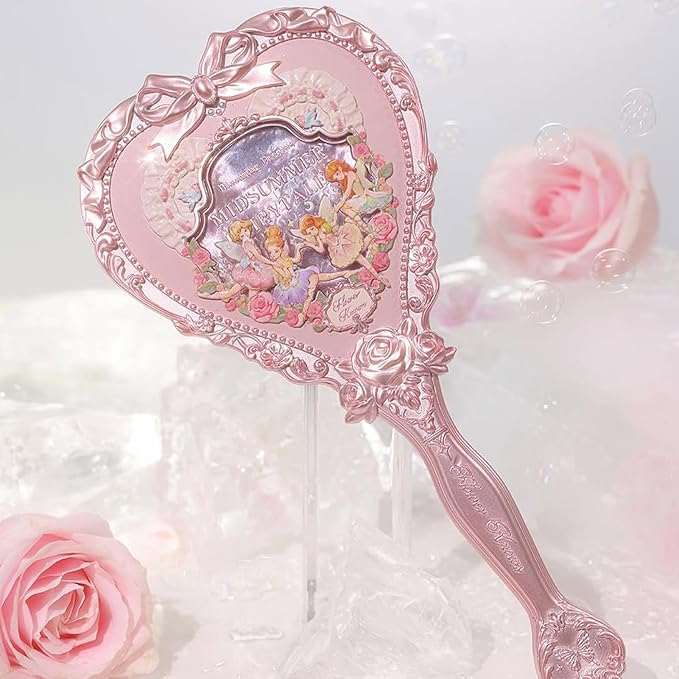 Flower Knows Strawberry Rococo Hand Mirror,Portable Vintage Handheld Mirror,Durable Metal Mirror,Cute & Aesthetic Princess Mirror,with Long Handle for Easy Holding,Gift for Girls(Milky Pink)