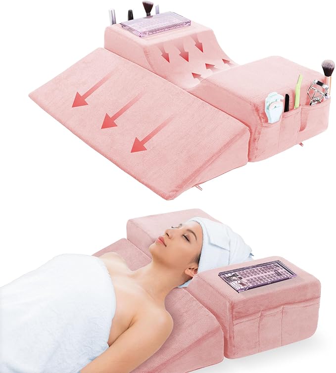 BALAPET Lash Pillows for Eyelash Extensions Ergonomic and Comfortable Velvet Foam Eyelash Pillow for Neck and Back Support Pillow Side Pockets can be Placed Tools,Easy to Graft Eyelashes(Pink)