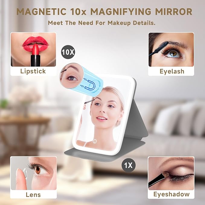 Mocado Travel Makeup Mirro with Lights, 360° Rotation Lighted Makeup Mirror, Portable Mirror with 10x Magnification, 60LEDs 3 Color Lightings, Dimmable Touch Screen, Tabletop Light up Mirror(White)