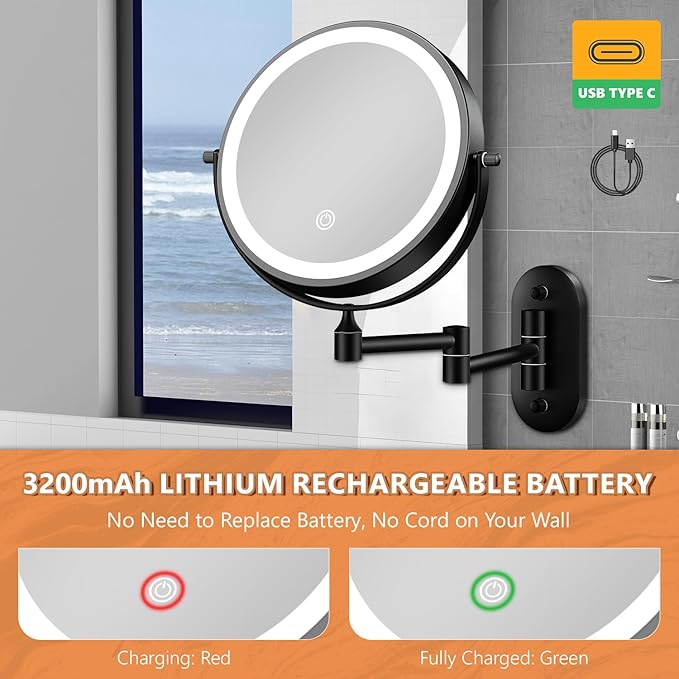 1X/20X Wall Mounted Makeup Mirror with Light, 8" Double-Sided Magnifying Mirror, 3 Color Lights Touch Dimmable Vanity Mirror with 360° Extension Rotation Foldable 14.5 Inch Arm for Bathroom