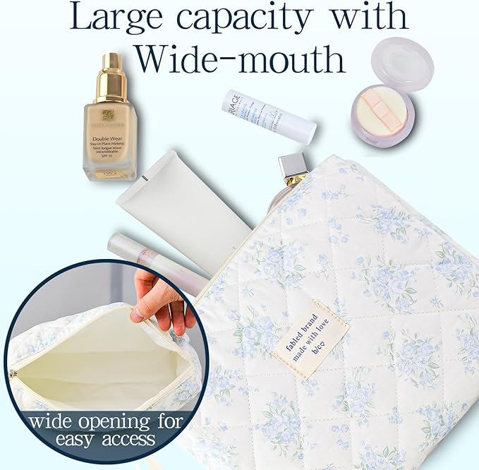 Makeup Bag, 3 PCS Quilted Makeup Bag, Cute Floral Cotton Cosmetic Bag set, Coquette Makeup Pouch Large Travel Toiletry Bag
