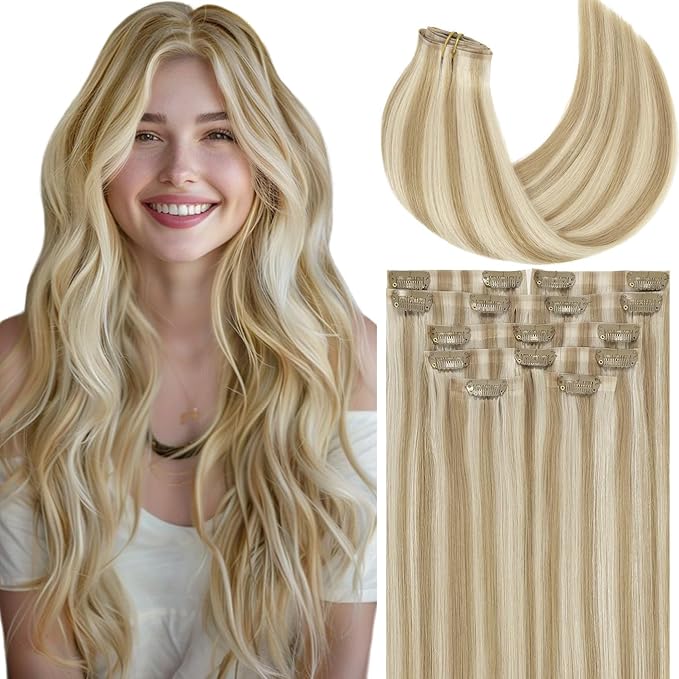 Loxxy Seamless Clip in Hair Extensions Real Human Hair Highlights Ash Blonde Clip in Hair Extensions Invisible PU Skin Weft Clip ins Double Weft 16Inch 6Pcs 110Gram