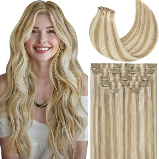 Loxxy Seamless Clip in Hair Extensions Real Human Hair Highlights Ash Blonde Clip in Hair Extensions Invisible PU Skin Weft Clip ins Double Weft 16Inch 6Pcs 110Gram