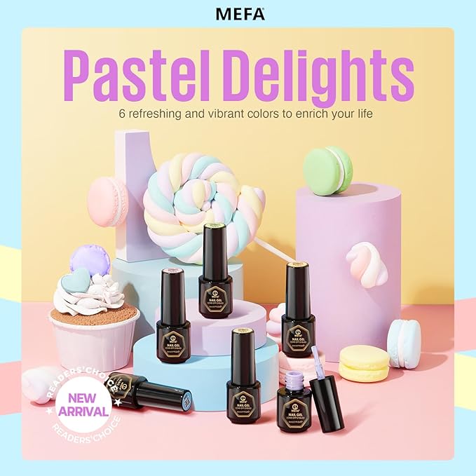 MEFA Macaron Gel Nail Polish Set 6 Colors, Spring Summer Pastel Soft Green Light Blue Coral Peach Lilac Purple Pale Creamy Shades Popular Nail Art Design Salon at Home DIY Manicure Gifts for Women