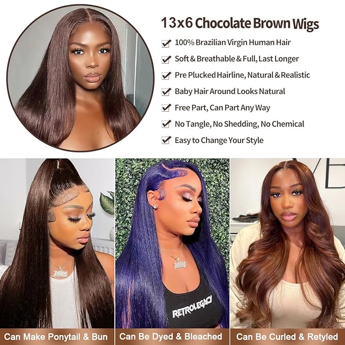 30 Inch Chocolate Brown Lace Front Wig 13x6 Straight Lace Front Wigs Human Hair Pre Plucked 200% Density Colored #4 Brown Wig Human Hair Glueless HD Transparent Lace Frontal Wigs for Women