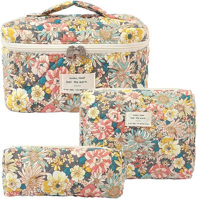 3Pcs Makeup Bag Cotton Quilted Travel Cosmetic Bag Cute Floral Makeup Pouch Large Toiletry Bag for Women Girls (Mixed color flowers)