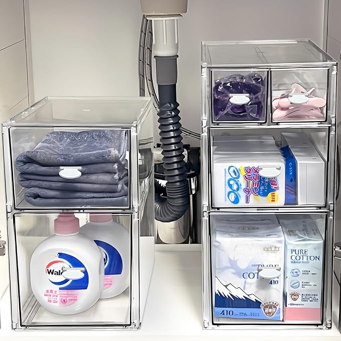 Homecor Stackable Storage Drawers Set of 7, Bathroom Makeup Organizer,Bathroom Organizers and Storage, Clear Cosmetic Storage Box For Vanity, Skincare, Undersink, Kitchen Organization (2L+M+4S)