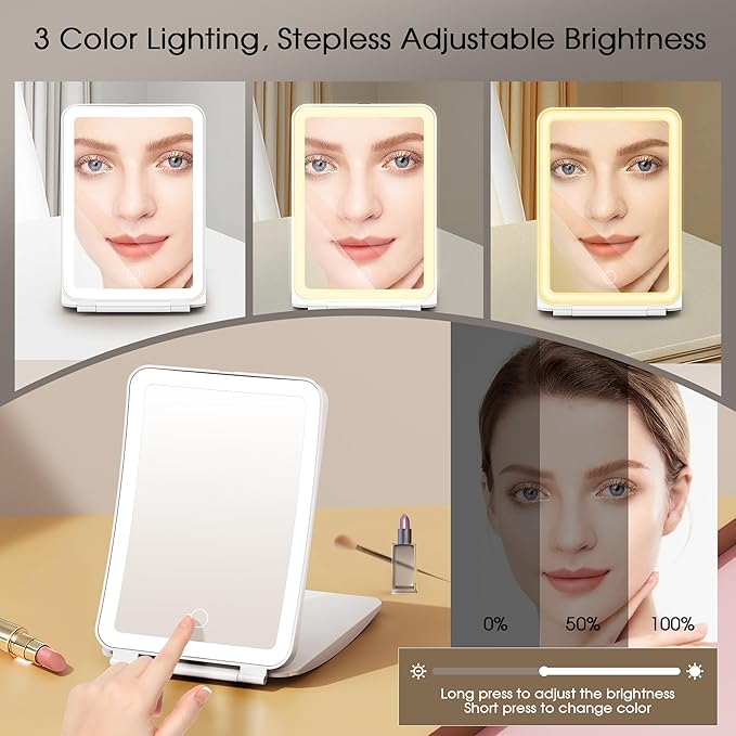 10X/1X Magnification Lighted Makeup Mirror with Lights, Rechargeable Magnifying Mirror with 80LED&2000mAh Battery, Portable Travel Vanity Mirror with 3 Colors Dimmable Lighting, Travel Essentials