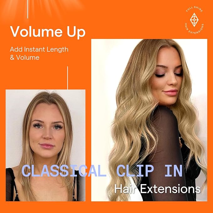 Full Shine Human Hair Clip in Extension 18 Inch Golden Brown Ombre Clip on Hair Extensions for Thinning Hair Golden Brown to Blonde Hair Extensions Clip ins for Women Straight 7 Pcs 120 G