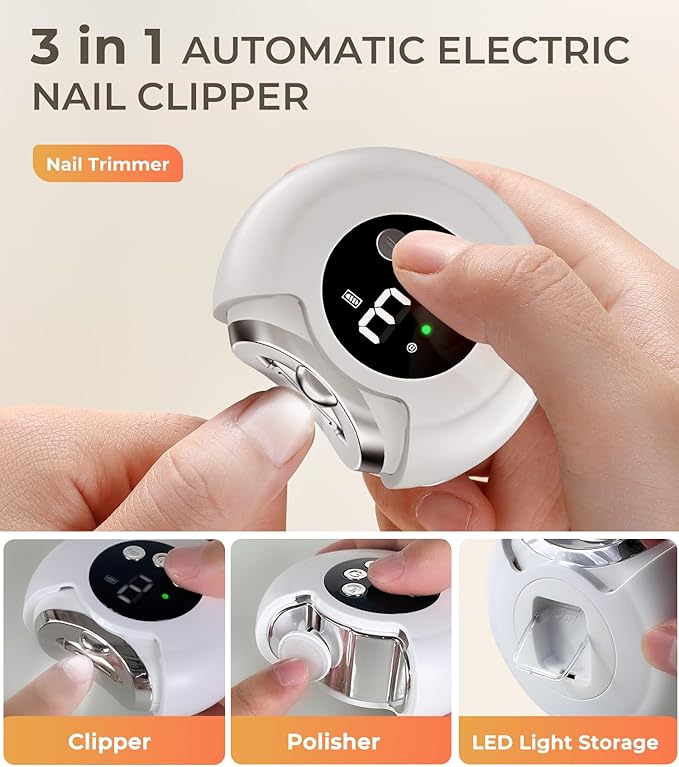 2025 New 3-in-1 Electric Nail Clippers,360° Rotation, 3-Speeds, Polishing Automatic Nail Trimmer with Nail Chip Storage & LED Light, Rechargeable Safety Trimmer for Women, Men, Baby, Seniors