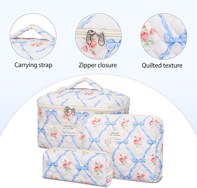 Quilted Makeup Bag,Large Cosmetics Bag Set,Cotton Coquette Floral Make up Pouch,Travel Toiletry Bag for Women
