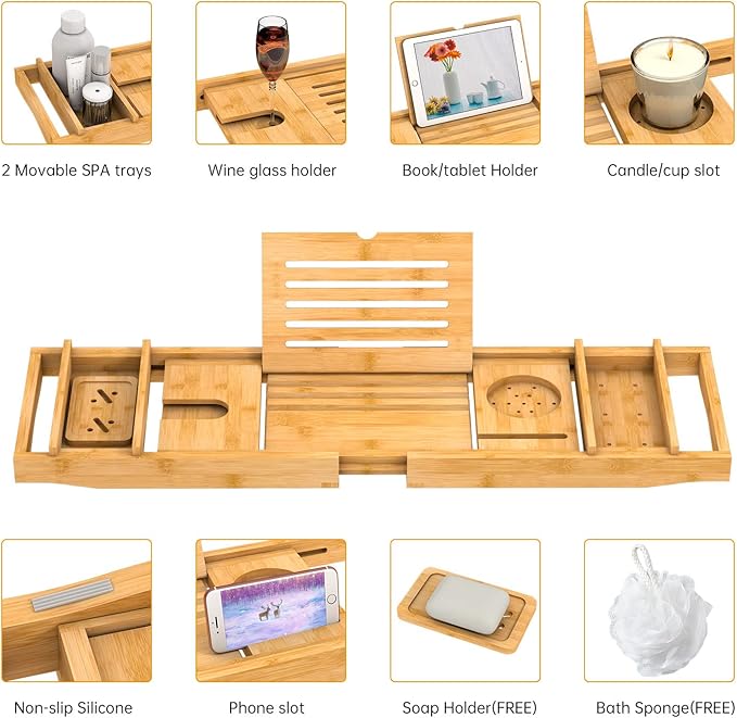 Bamboo Bathtub Tray for Luxury Bathroom, Expandable Premium Bath Tray w/Soap Towel Book Holder, Adjustable Bath Accessories for Tub,Extendable Tub Tray w/Wine Glass Cup Organizer 29.5"-43.3" Nature