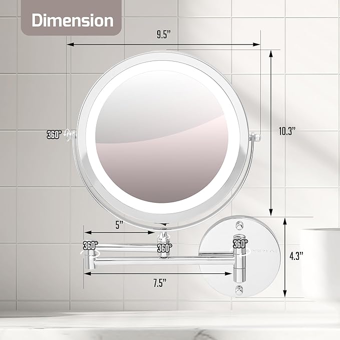 OVENTE 9" Lighted Wall Mount Makeup Mirror with 1X/10X Magnification, Cordless Double Sided Magnifying Round Vanity Mirror, 360° Swivel Design, Extendable and Folding Arm, Polished Chrome MFW85CH1X10X