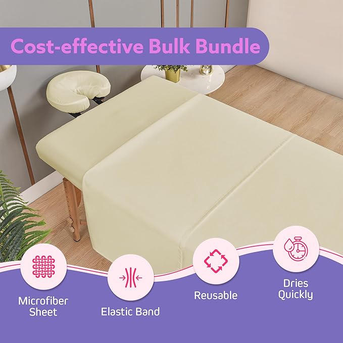 Massage Table Sheets Sets – 4 Set Bundle, 120GSM Double Brushed Microfiber, Premium Massage Sheets Sets, Spa Bed Sheets for Esthetician, Wrinkle & Oil Resistant, Natural