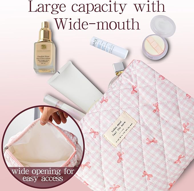 Makeup Bag, 3 PCS Quilted Makeup Bag, Cute Floral Cotton Cosmetic Bag set, Coquette Makeup Pouch Large Travel Toiletry Bag