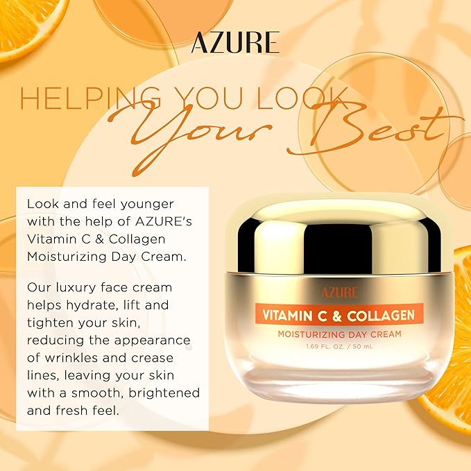Azure Cosmetics Vitamin C & Collagen Face Moisturizer - Dermatologist Tested, Anti-Aging, Skin Tightening & Brightening, Clean, Cruelty-Free Face Cream - Korean Skin Care - All Skin Types - 1.69 fl oz